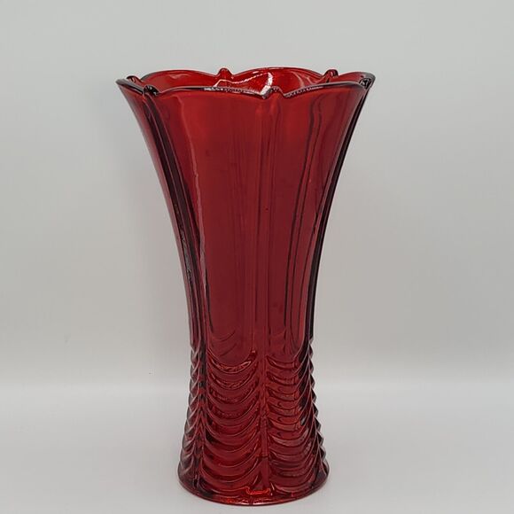 High 9.5in Embossed Flared Glass Vase Art Deco Style Design Red - Picture 10 of 10